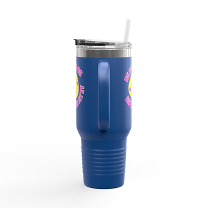 Be Good or Be Good At It Crooked Smiley // Insulated Travel Mug, 40oz - Blue Text