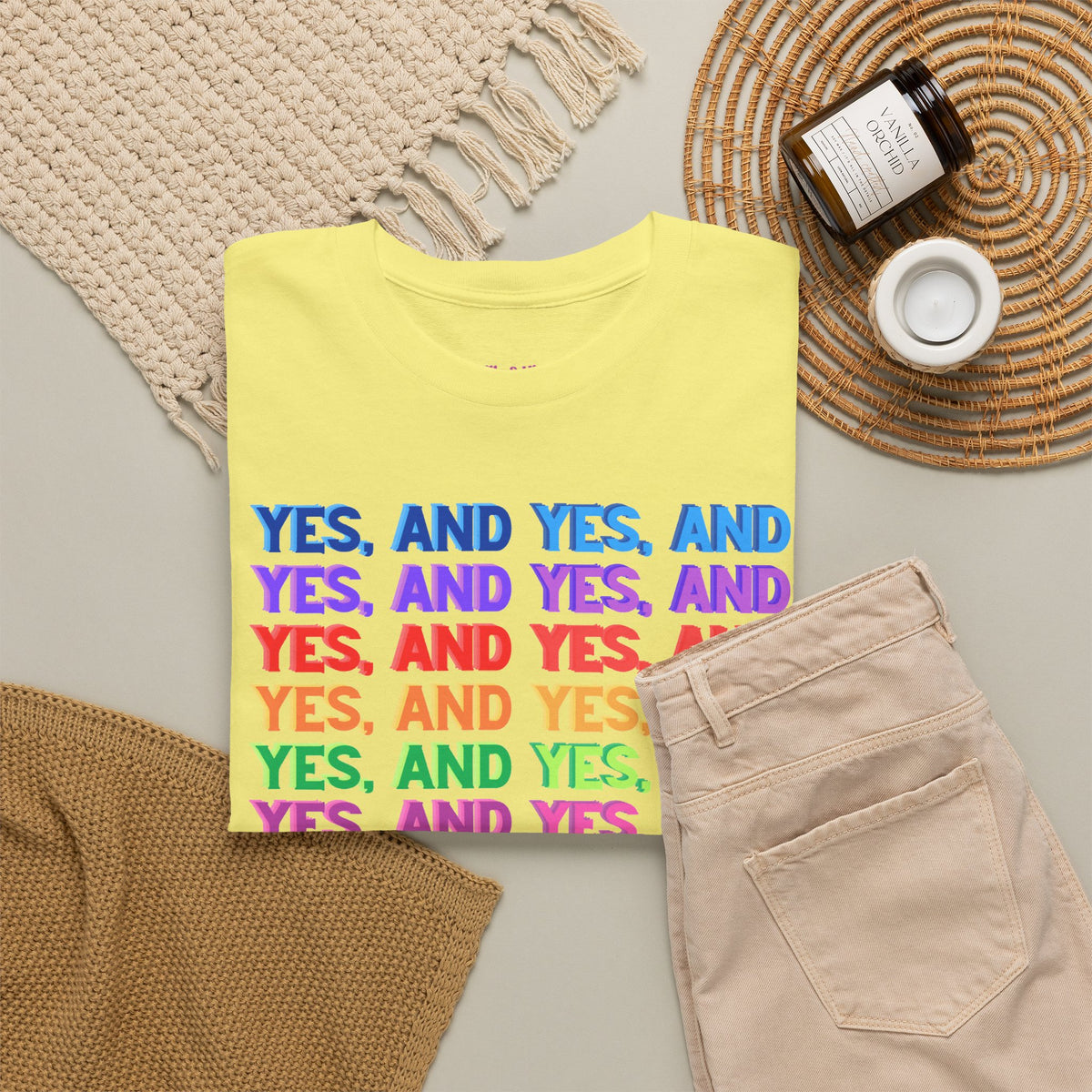 Improv, Multi Color "Yes, And" // Colorful Affirmation Unisex Heavy Cotton Tee