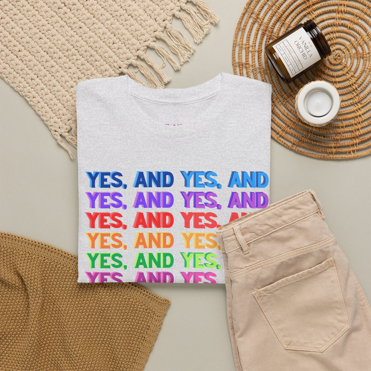 Improv, Multi Color "Yes, And" // Colorful Affirmation Unisex Heavy Cotton Tee