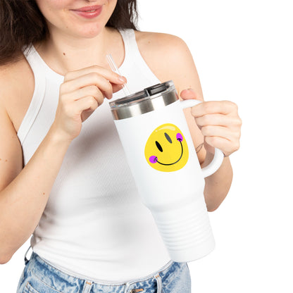 Crooked Smiley // Insulated Travel Mug, 40oz - Blue Text