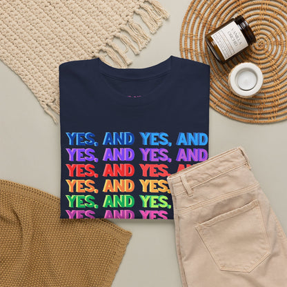 Improv, Multi Color "Yes, And" // Colorful Affirmation Unisex Heavy Cotton Tee