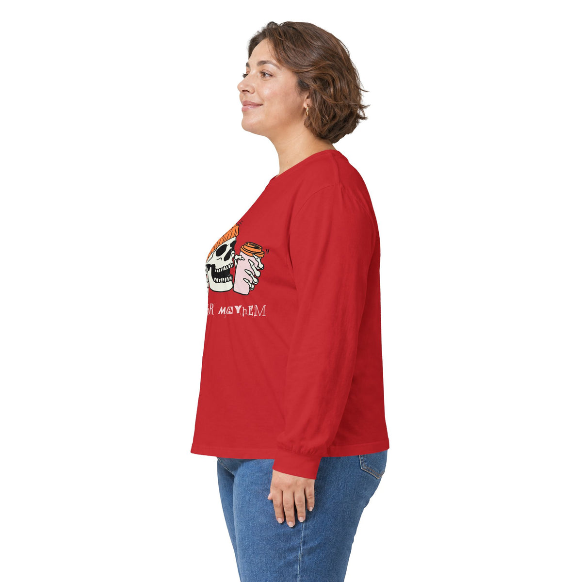 'Ready for Mayhem' Skull Coffee Tee — Casual Graphic Long Sleeve T-Shirt
