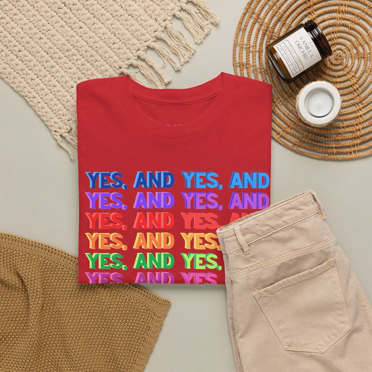 Improv, Multi Color "Yes, And" // Colorful Affirmation Unisex Heavy Cotton Tee
