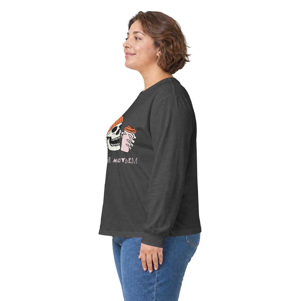 'Ready for Mayhem' Skull Coffee Tee — Casual Graphic Long Sleeve T-Shirt