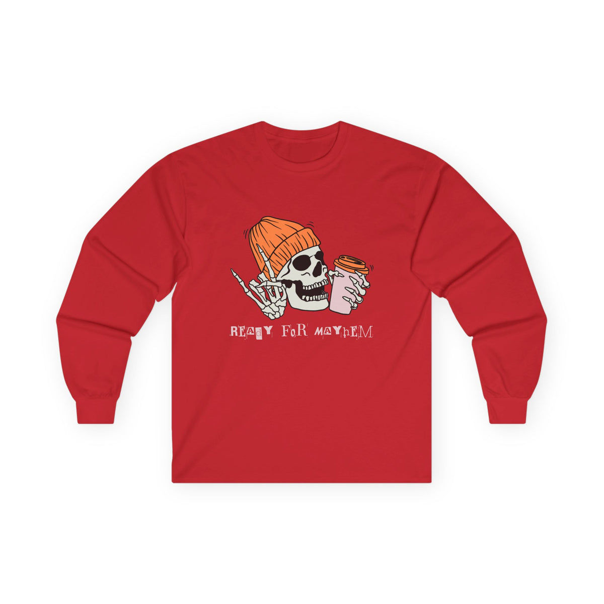 'Ready for Mayhem' Skull Coffee Tee — Casual Graphic Long Sleeve T-Shirt