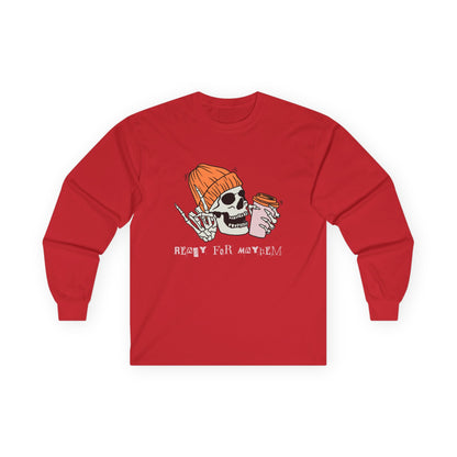 'Ready for Mayhem' Skull Coffee Tee — Casual Graphic Long Sleeve T-Shirt