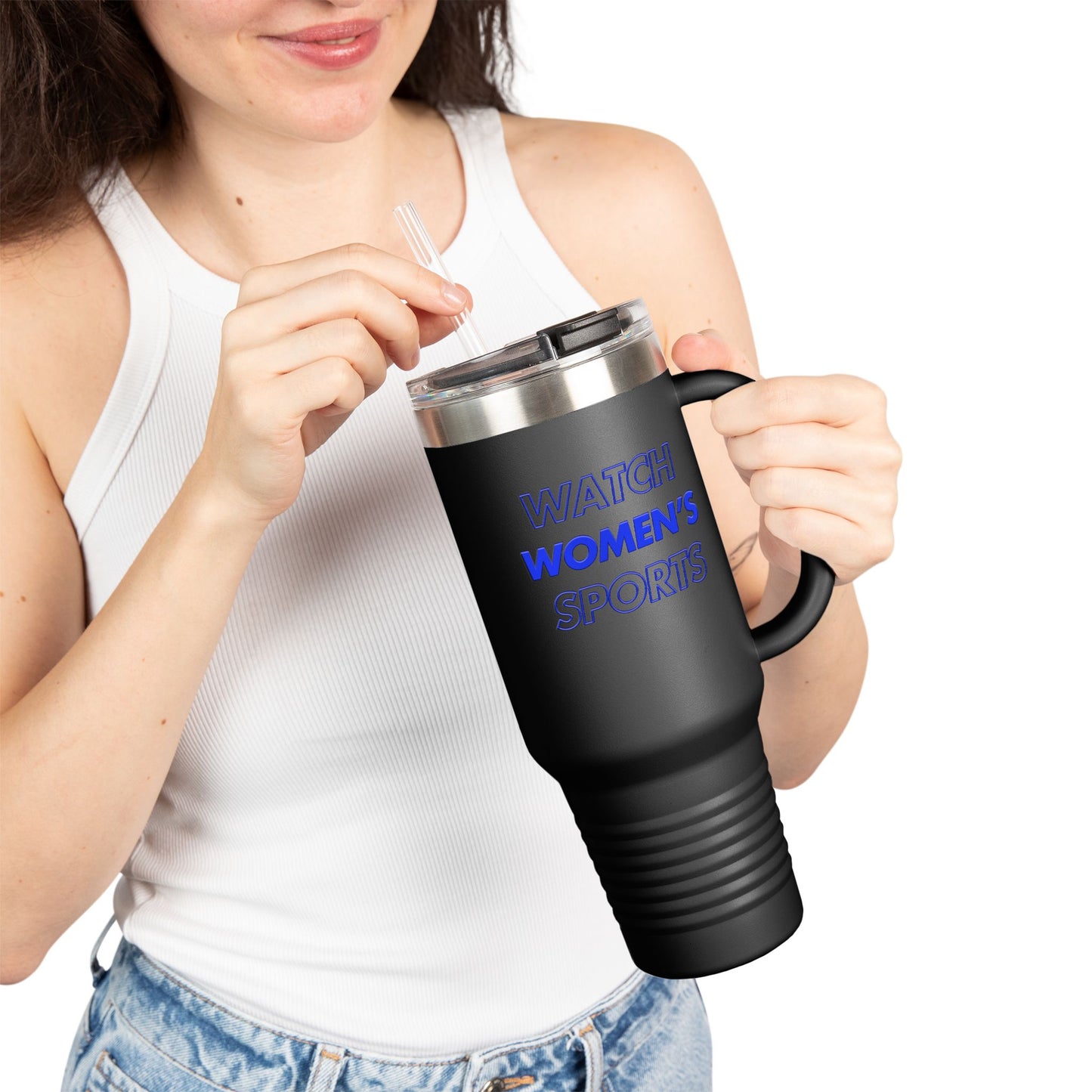 Watch Women's Sports // Insulated Travel Mug, 40oz - Blue Text