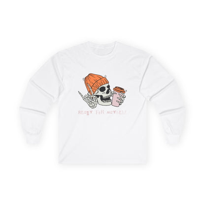 'Ready for Mayhem' Skull Coffee Tee — Casual Graphic Long Sleeve T-Shirt