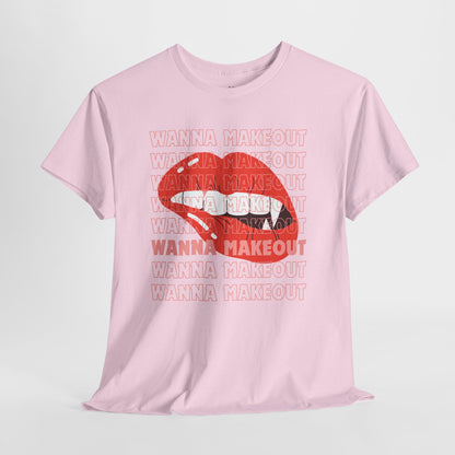 Unisex Heavy Cotton Tee - 'Wanna Makeout' Graphic Tee, Trendy Casual Wear, Perfect for Parties, Fun Couple's Tee