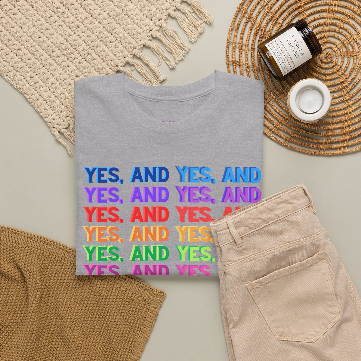 Improv, Multi Color "Yes, And" // Colorful Affirmation Unisex Heavy Cotton Tee