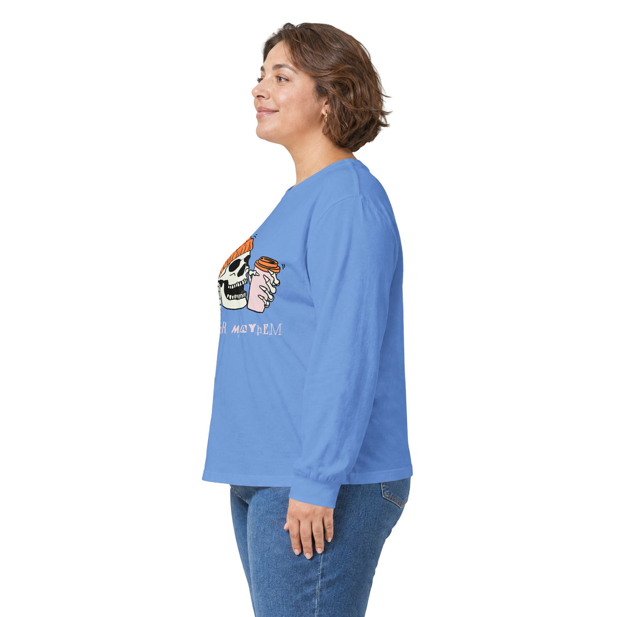'Ready for Mayhem' Skull Coffee Tee — Casual Graphic Long Sleeve T-Shirt