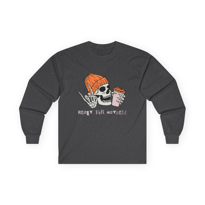'Ready for Mayhem' Skull Coffee Tee — Casual Graphic Long Sleeve T-Shirt