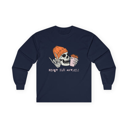 'Ready for Mayhem' Skull Coffee Tee — Casual Graphic Long Sleeve T-Shirt