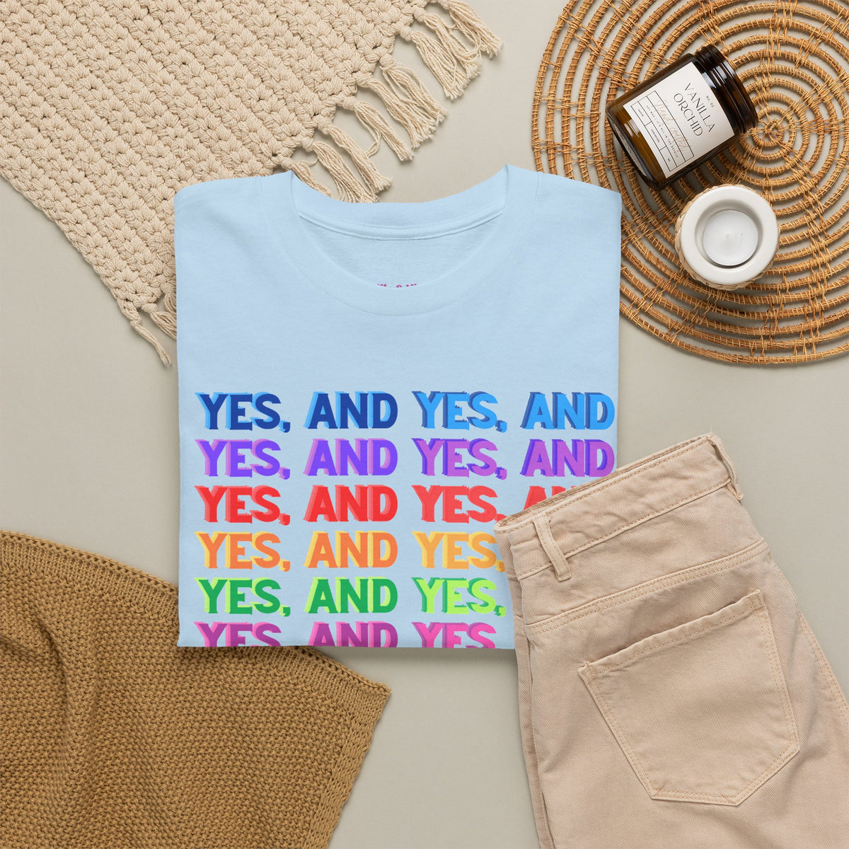 Improv, Multi Color "Yes, And" // Colorful Affirmation Unisex Heavy Cotton Tee