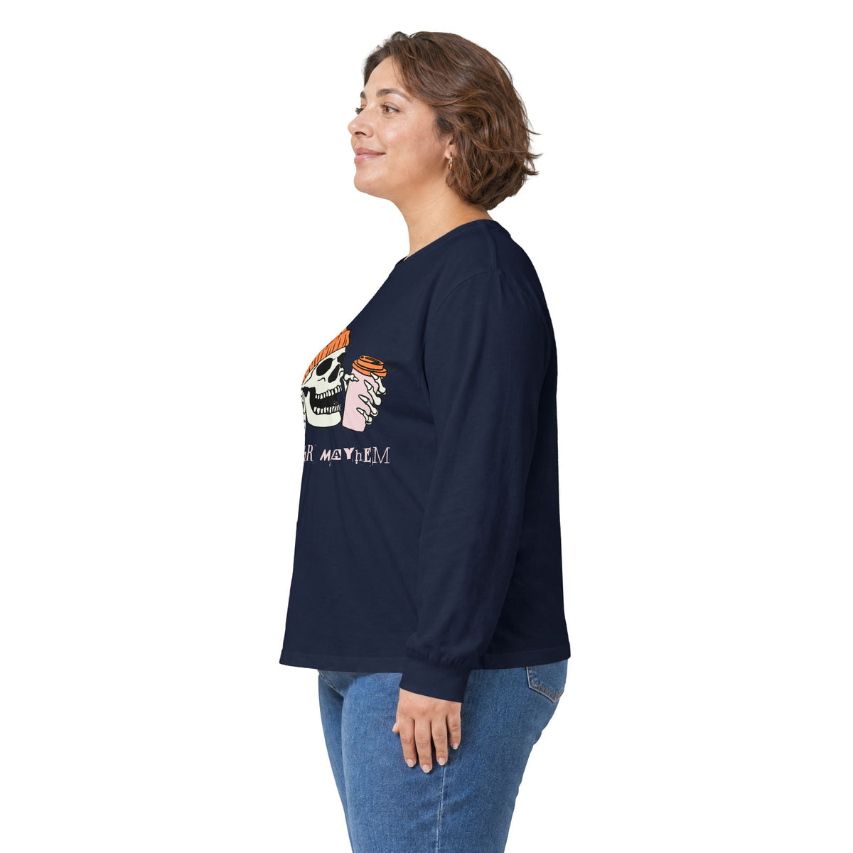 'Ready for Mayhem' Skull Coffee Tee — Casual Graphic Long Sleeve T-Shirt
