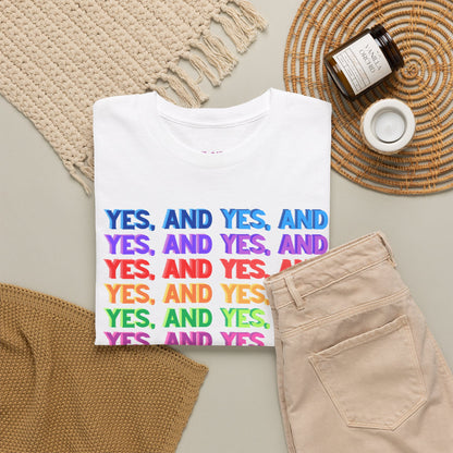 Improv, Multi Color "Yes, And" // Colorful Affirmation Unisex Heavy Cotton Tee