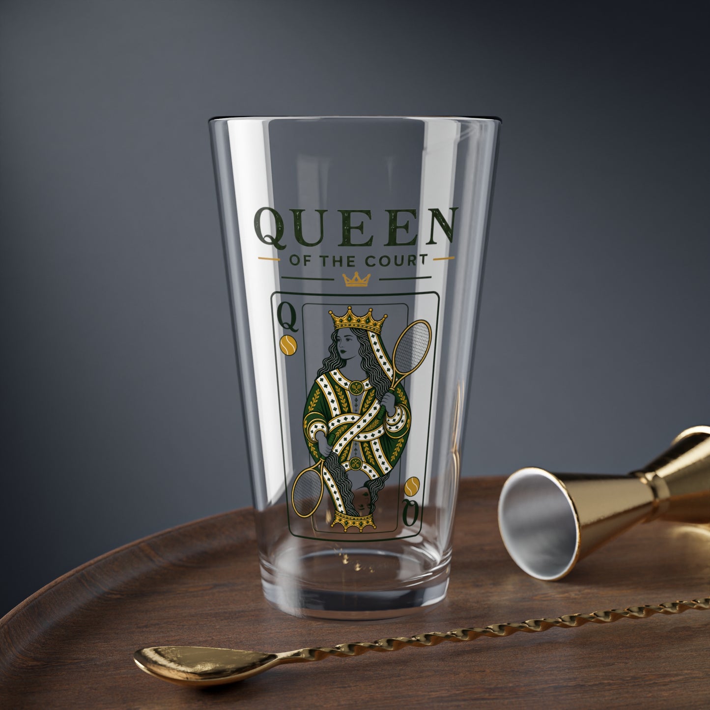Tennis- Queen of the Court - Vintage Playing Card  - 16oz Mixing Glass – Cocktail Shaker Glass or Beer Pint Glass