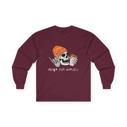 'Ready for Mayhem' Skull Coffee Tee — Casual Graphic Long Sleeve T-Shirt