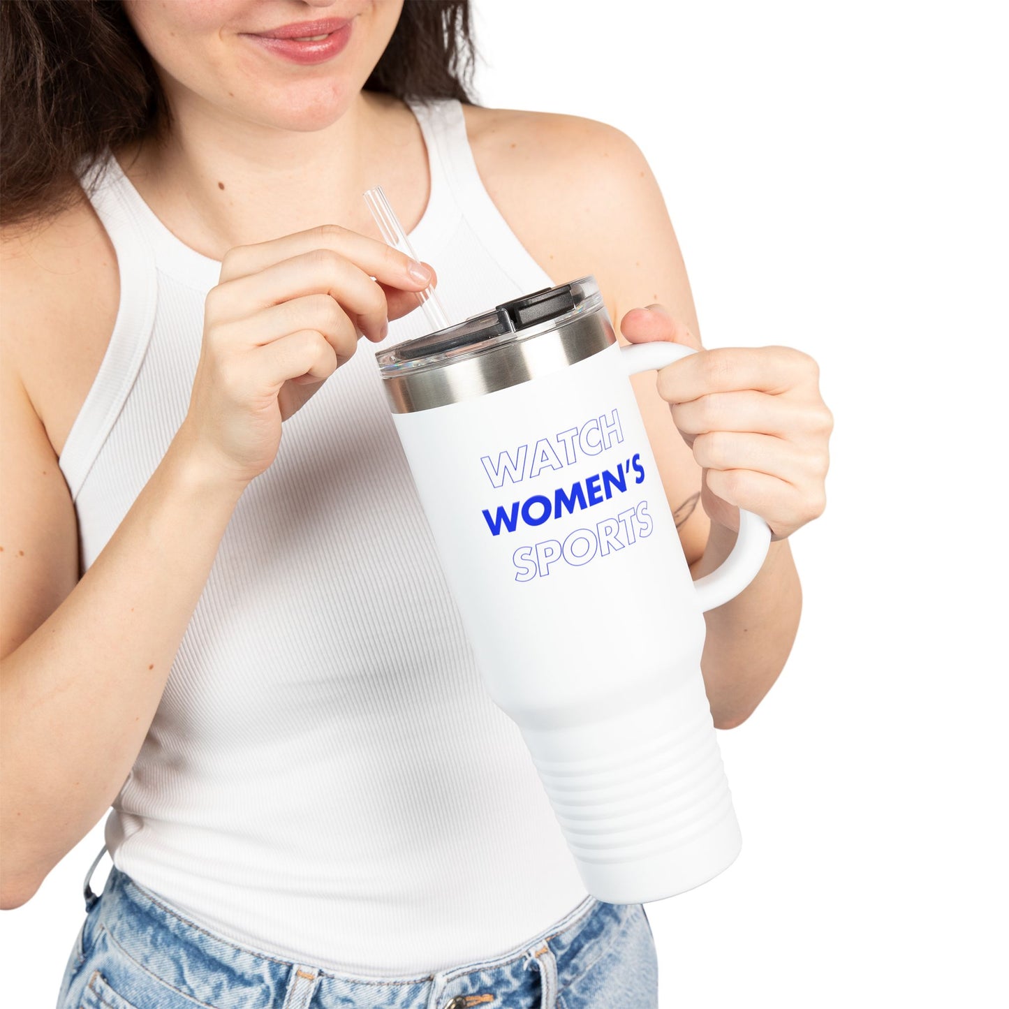 Watch Women's Sports // Insulated Travel Mug, 40oz - Blue Text