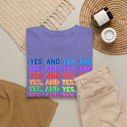 Improv, Multi Color "Yes, And" // Colorful Affirmation Unisex Heavy Cotton Tee
